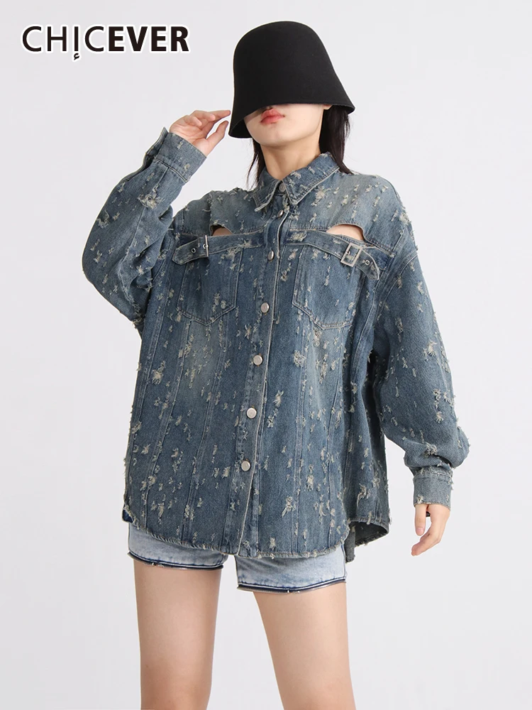 

CHICEVER Streetwear Cut Out Denim Coats For Women Lapel Long Sleeve Single Breasted Vintage Ripped Hit Color Jackets Female New