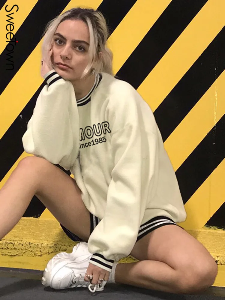 

Sweetown Pluffy Long Autumn Sweatshirts For Women 2022 Stripe Contrast Collar And Cuffs Full Sleeve Preppy Letter Pullover Tops