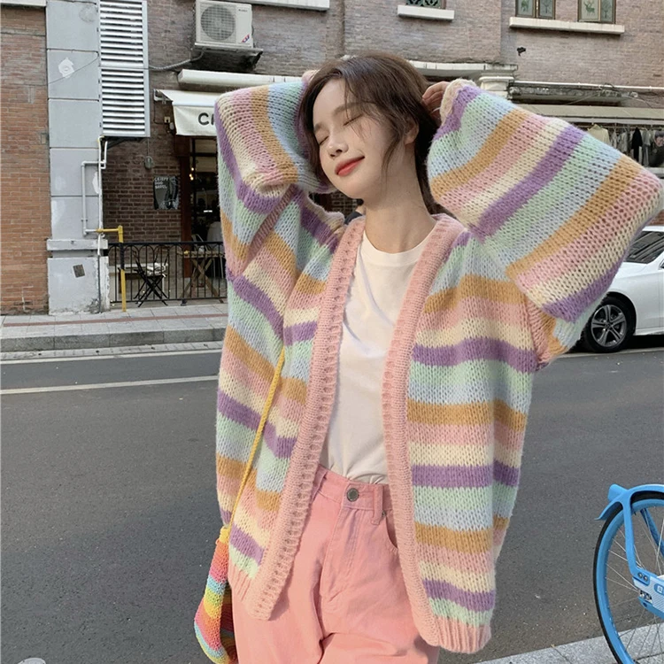 

Pink Kawaii Womenr Knit Sweater Cardigan Korea Style Y2k Clothes Coats Pull Femme Rainbow Stripe Long Sleeve Sweater Coat