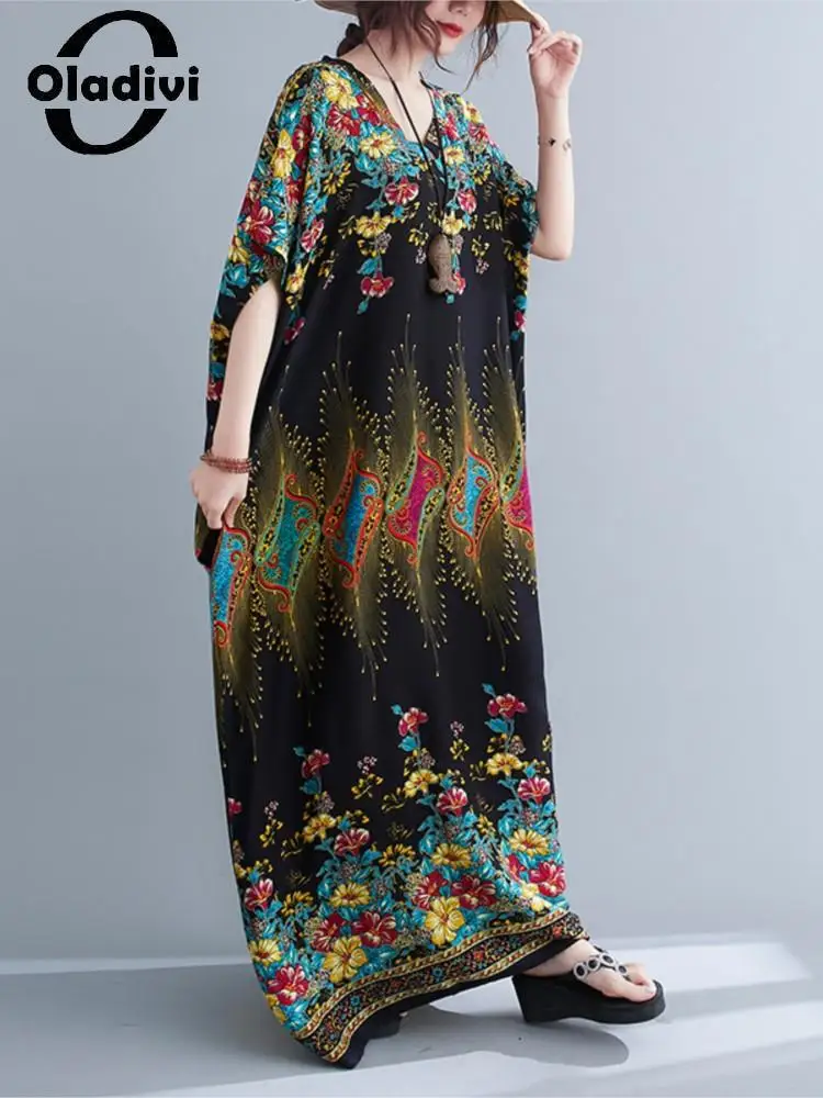 

Oladivi Muslimah Abaya Jubah Women Large Size Robe & Jubah 2022 Summer New Fashion Print Casual Loose Oversized Long Dress 3444