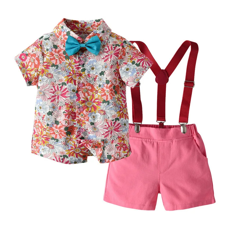 

Summer Kids Baby Boy Formal Suit Short Sleeve Bow Tie Tops T-Shirts+Suspender Shorts 2Pcs Beach Clothes Outfit Gentleman Set