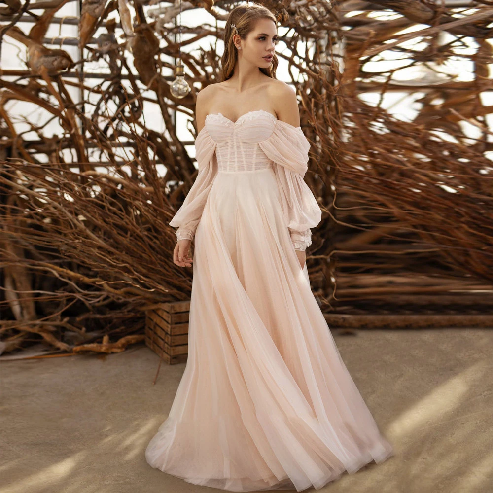 

Blush Pink Tulle Wedding Dresses Detachable Puffy Long Sleeve Appliques Wedding Gowns Pleated Off Shoulder Boho Bride Gowns 2022
