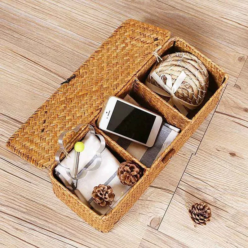 

2Pcs 3 Grids Hand-Woven Water Hyacinth Baskets Hand-Woven Creative Rice Table Coffee Table Storage Basket, With Lid