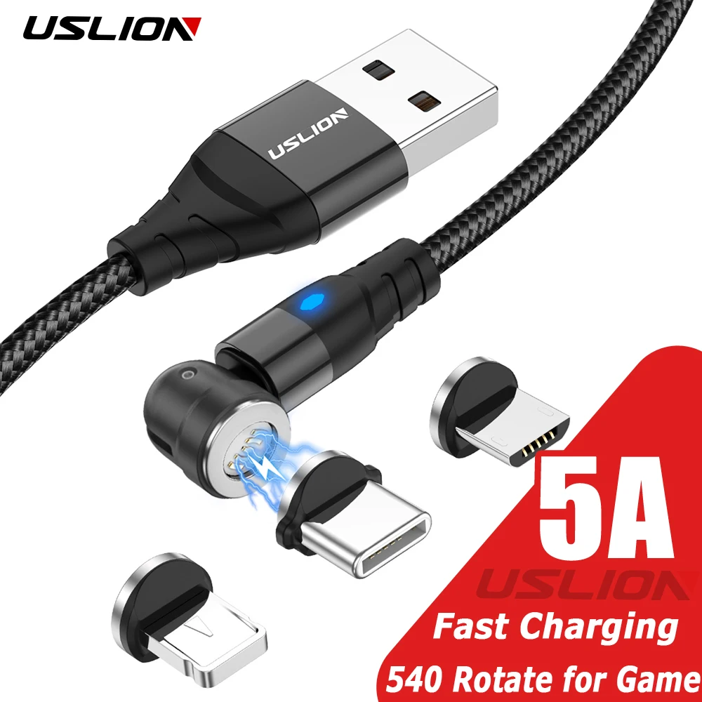 

USLION 5А Магнитный кабель для быстрой зарядки 540 поворот Micro USB Type C провод шнур для iPhone 14 13 Pro Max Samsung Xiaomi 12 POCO F4