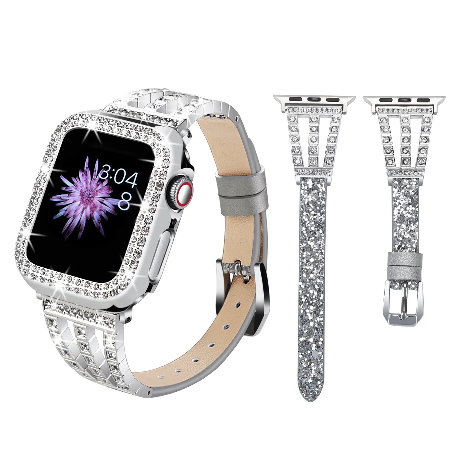 Diamond Strap for Apple watch band case 45mm 41mm 44mm 40mm 42mm 38mm correas iWatch 7 6 5 4 3 Stainless steel+leather bracelet