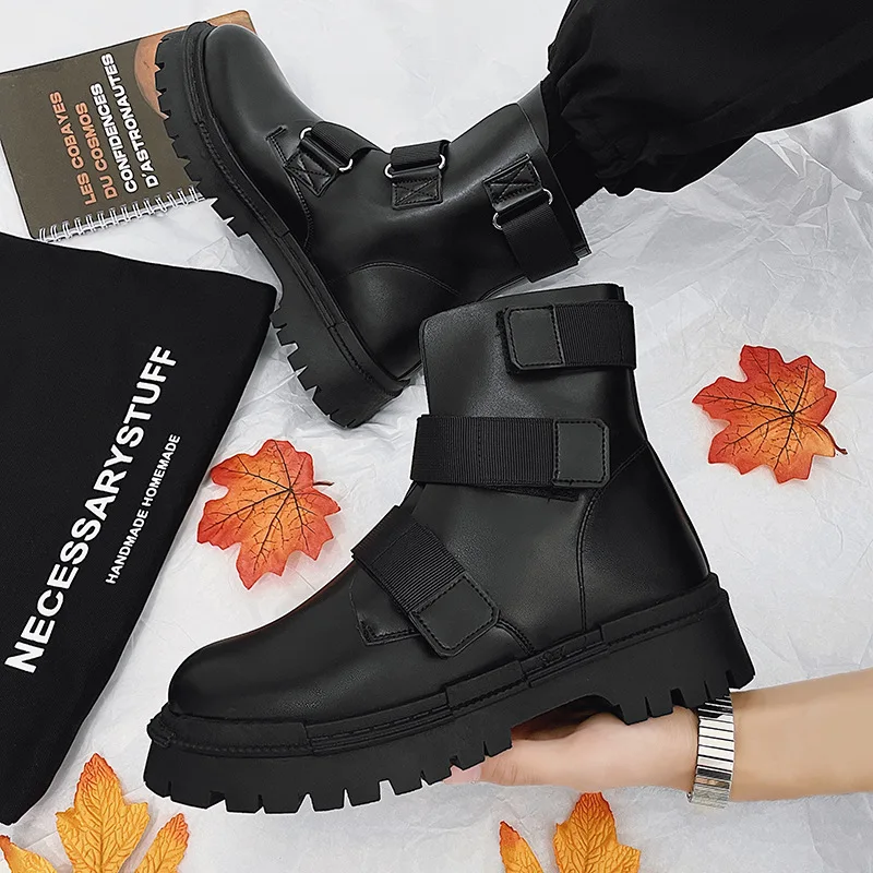 

Мужские модные кожаные ботинки до щиколотки, высокие ботинки для инструментов, черные панковские ботинки, уличные ботинки для пустыни, модн...