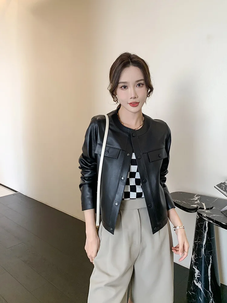 

Новинка Осень/Зима 2023, модное популярное маленькое кожаное пальто, женские короткие стильные дамские Кожаные Куртки из натуральной овечьей кожи