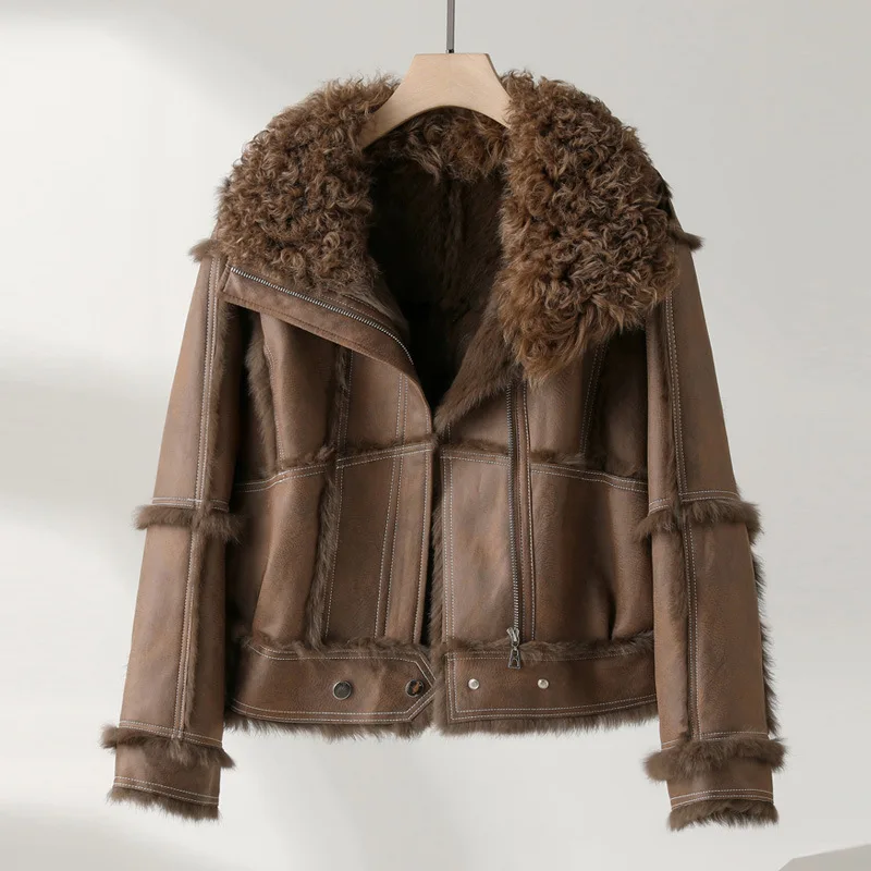 

Новинка Осень-зима 2023, шерстяное интегрированное Женское пальто из меха ягненка и кролика, короткое стройнящее мотоциклетное пальто