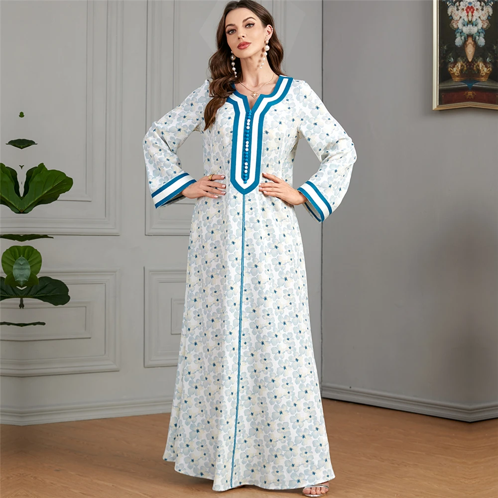 

Moroccan Eid Muslim Floral Print Dress for Women Abaya Jalabiya Long Dresses Abayas Ramadan Turkey Islamic Robe Caftan Vestidos