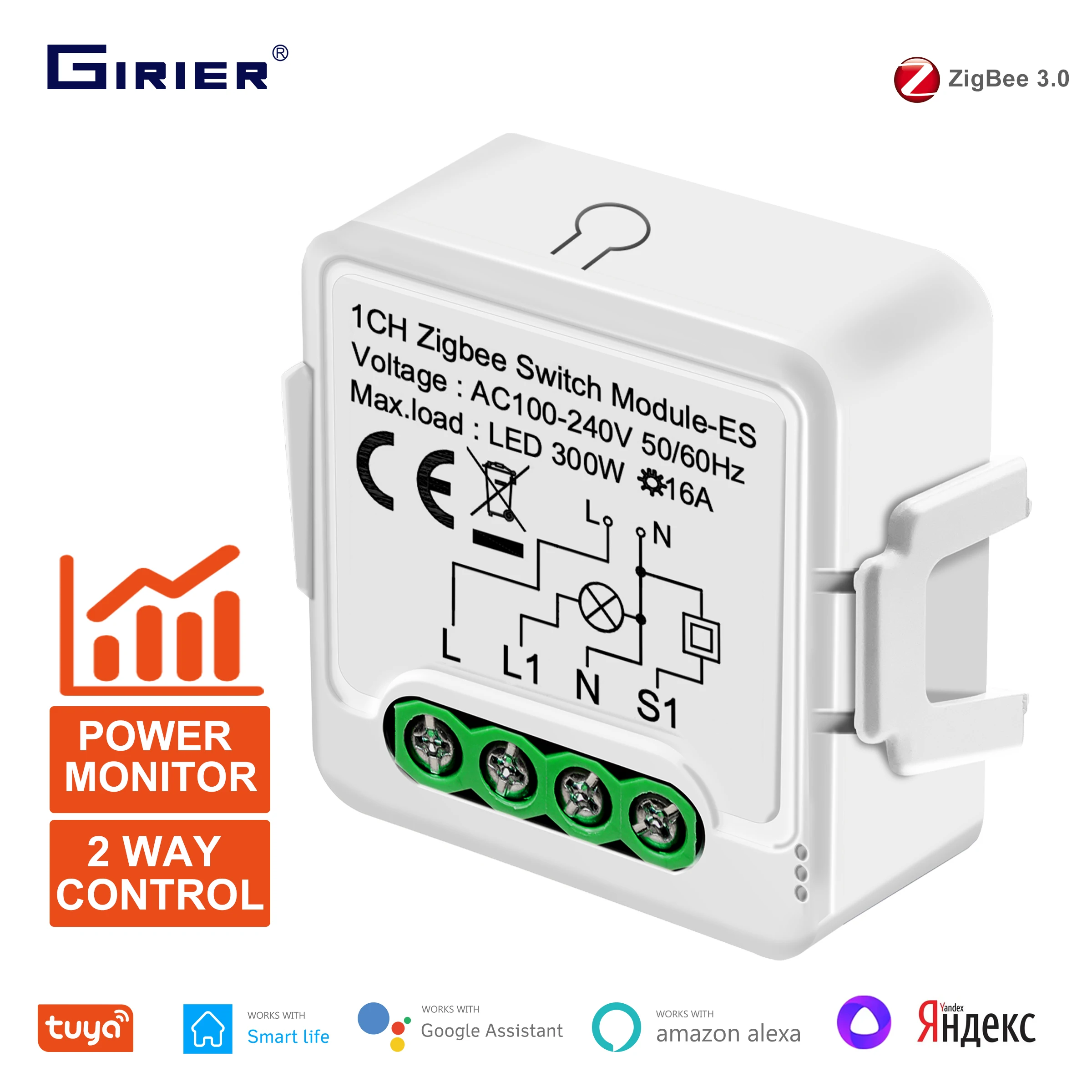

GIRIER Tuya ZigBee Smart Switch 16A with Power Monitor Function DIY Universal Breaker Works with Alexa Hey Google Yandex Alice
