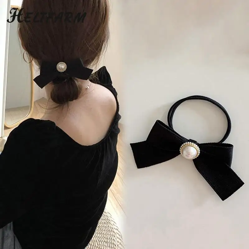 

1pcs Simple Temperament Black Head Rope Bow Hair Tie Pearl Super Elastic Velvet Rubber Band To Tie The Hair Jewelry Accessories