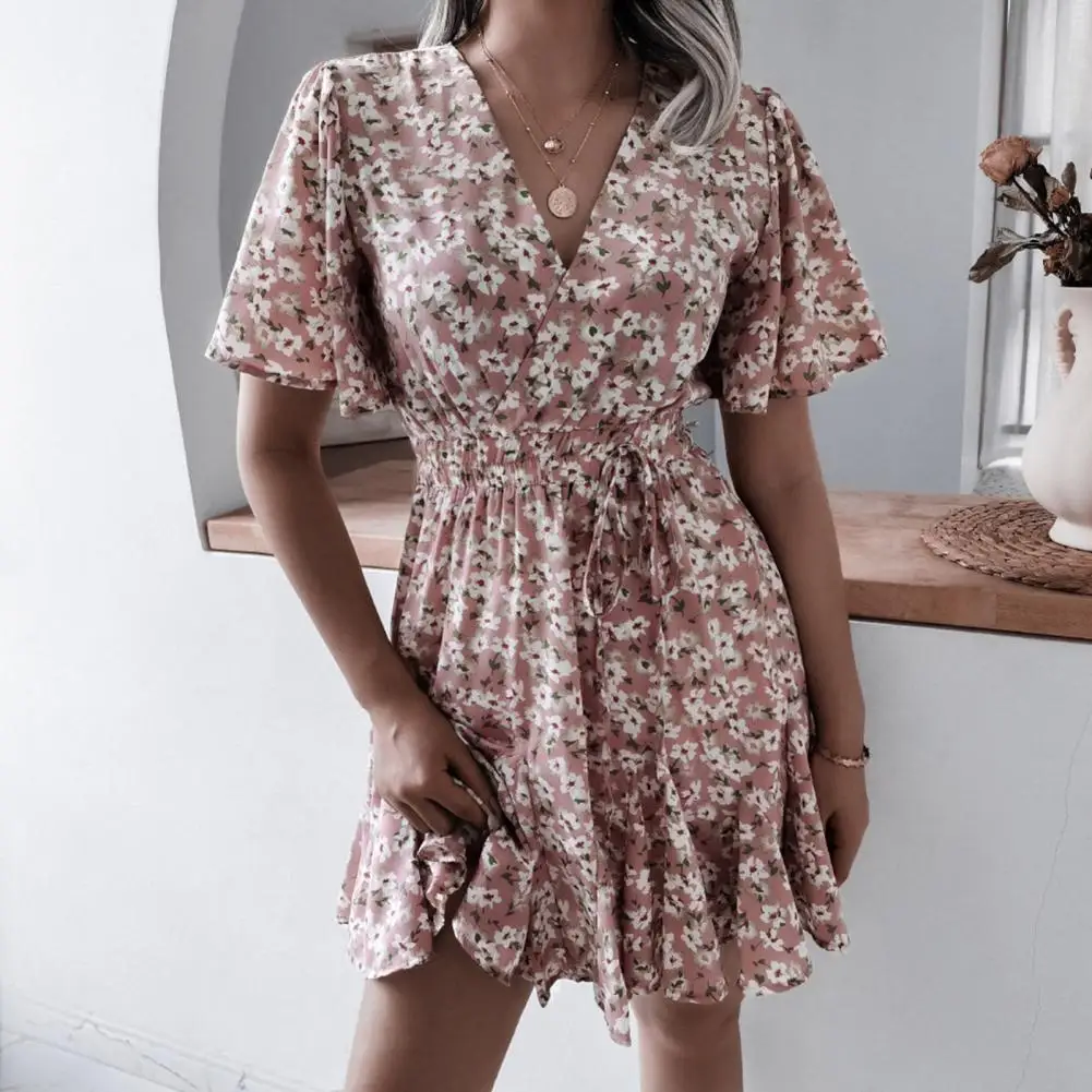 

Popular Party Dress Short Sleeve Ladies Mini Dress Elegant Chiffon Dress