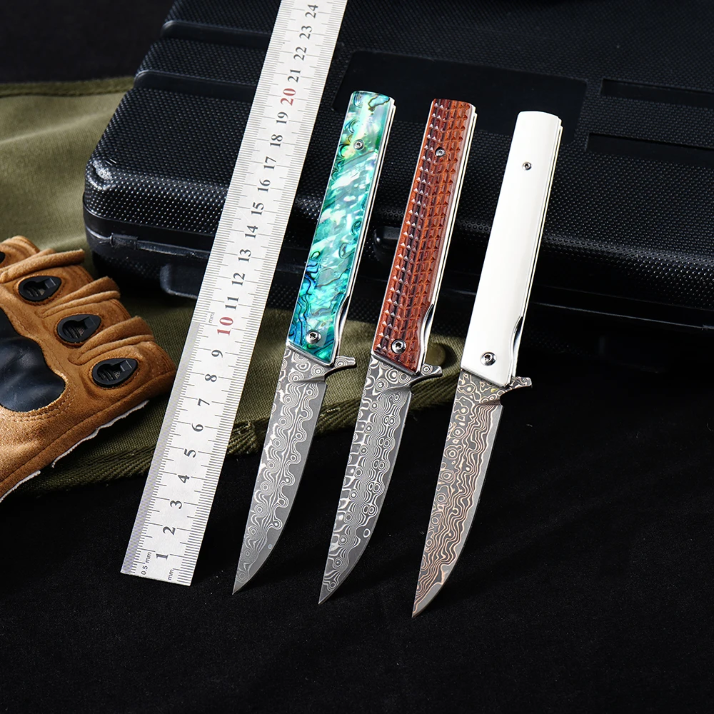 Фото Складной карманный нож BS306-1 с клинком из дамасской стали VG10, рукоять из бычьей кости/дерева/зеленого перламутра, 3 варианта дизайна, EDC-инструмент, нож для кемпинга №1