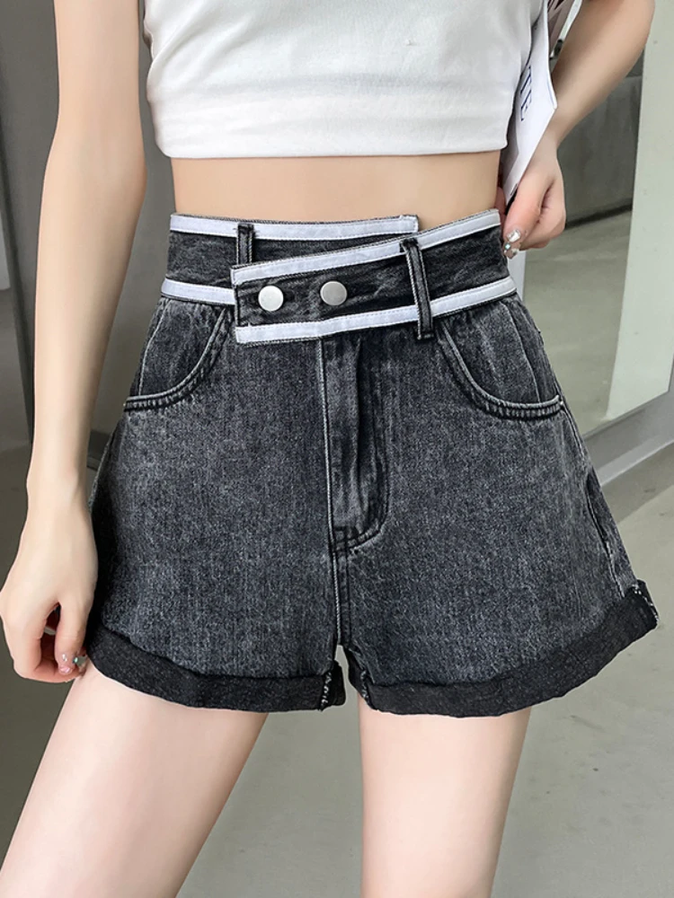 

FTLZZ New Summer High Waist Denim Shorts Women Fashion Buttons Pockets Wide Leg Short Lady Casual Grey A-line Jean Shorts