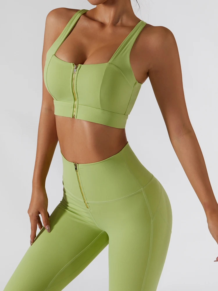 CHRLEISURE 2PCS Seamless Sport Set Zipper Butt Lift Fitness Pants Side Pockets Tennis Skirt Women Workout Bra Gym Tracksuit |