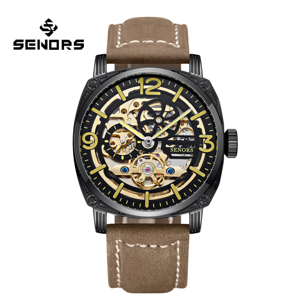 

Top Brand SENORS Man watch montre automatique luxe tourbillon Square Large Dial Watch Hollow Waterproof mens fashion watches