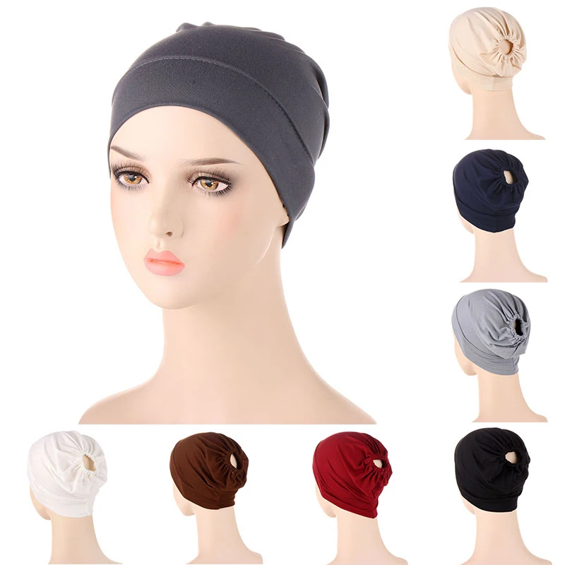 

Muslim Women Fashion Inner Hijab Caps Stretch Turban Cap Ponytail Hat Islamic Underscarf Bonnet Turbans Casual Female Headband