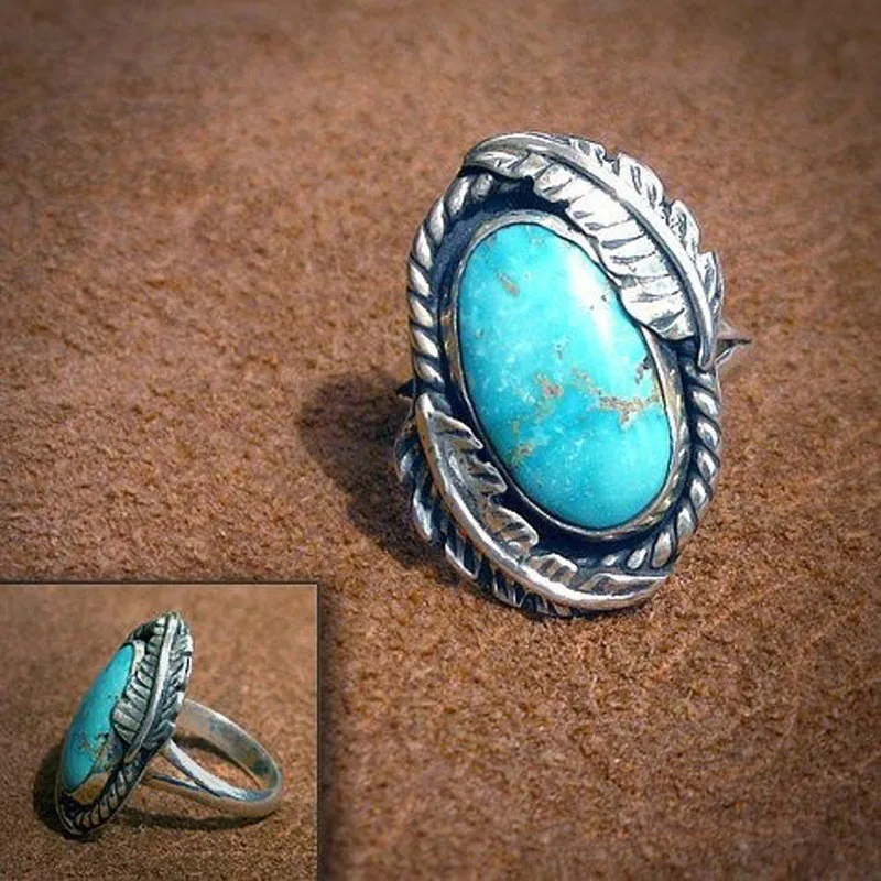 

Personality retro Indian style blue lattice turquoise female ring jewelry high-end sense to attend the banquet ring