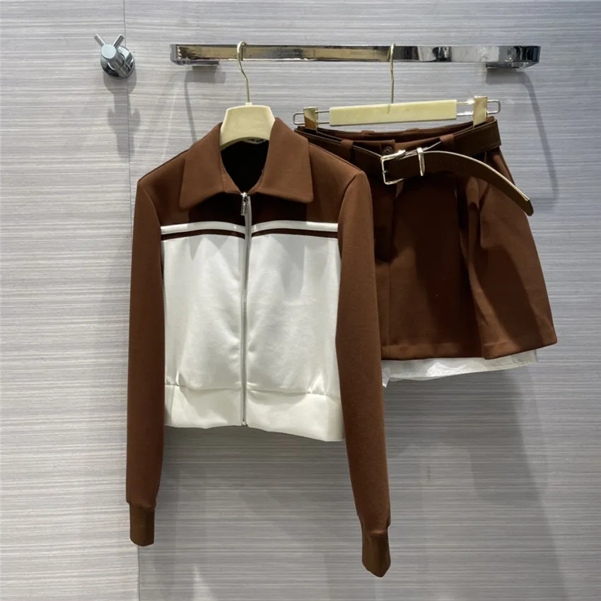 

Fashion Designer Set for Women Turn Down Collar Jacket and High Waist Skirt with Belt