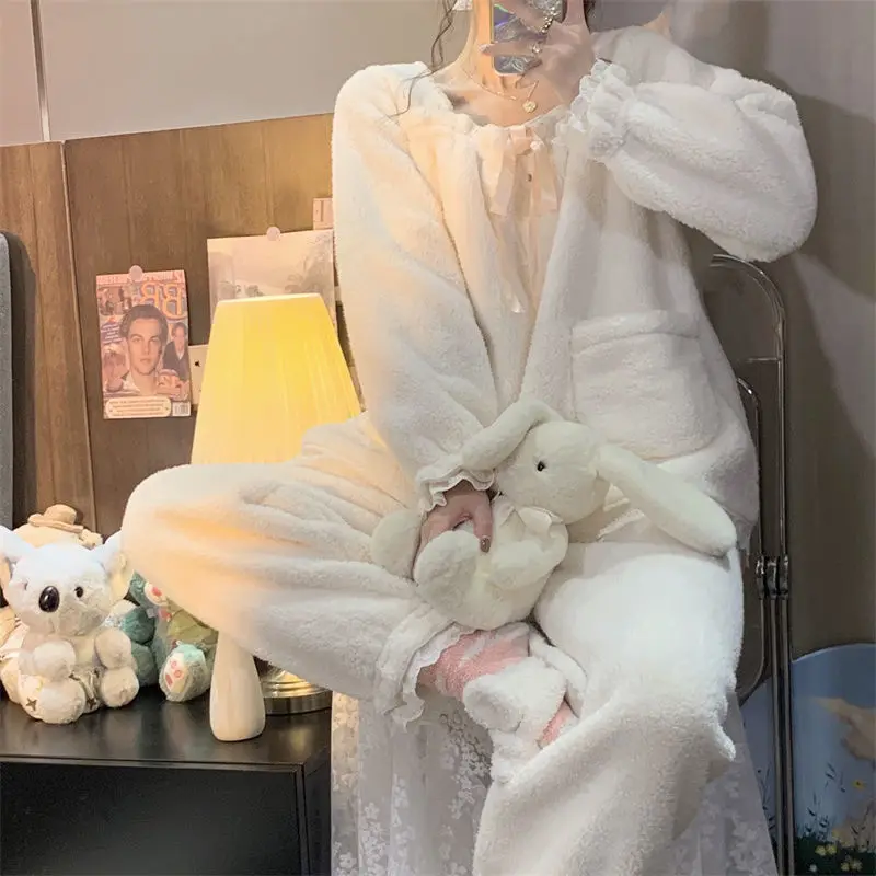 2021 Autumn Winter New Korean Version of The Lovely Sweet Princess Pajamas Warm Plus Velvet Nightgown Set Sleep Tops night gown