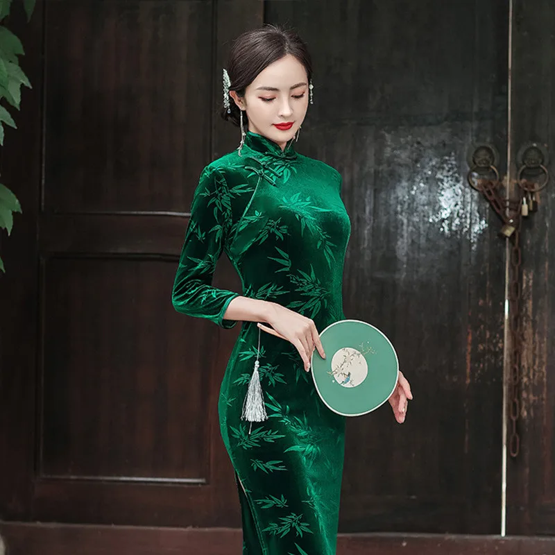 Китайское винтажное платье Ципао женское традиционное бархатное длинное Cheongsam