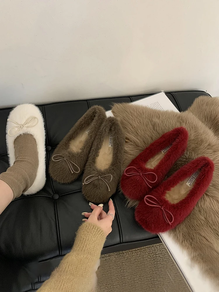 

Moccasin Shoes Round Toe Loafers Fur Female Footwear Autumn Bow-Knot Women Slip-on Casual Sneaker Moccasins Dress New Grandma Fa