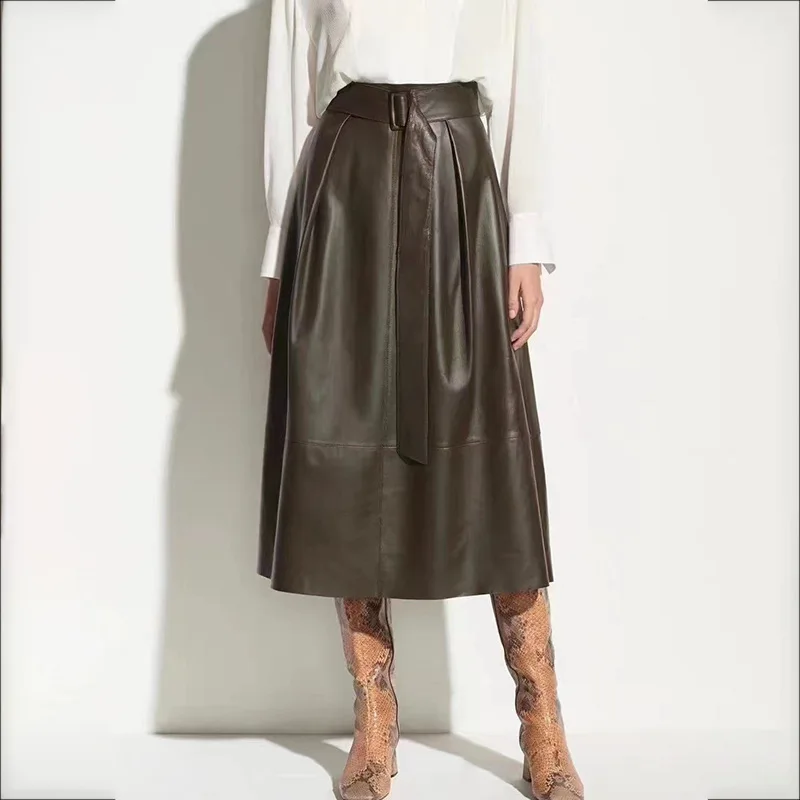 

2022 New Style Women Hot Sell Brief Genuine Sheepskin Leather Umbrella Skirt With Belt