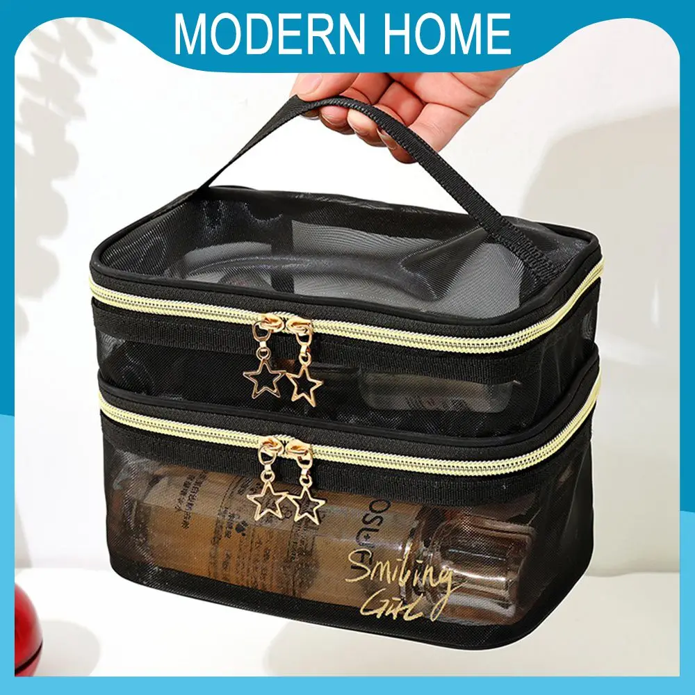 

Multipurpose Transparent For Offices Travel Storage Bags Double-layer Storage Black Mesh Zipper Pouch High-capacity