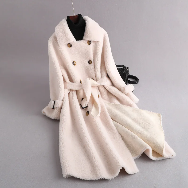 

2022 Autumn Winter Double-Breasted Grain Sheep Shearling Coat Women Outwear Loose Long Fur One Lamb Fur Jacket Female Overcoat