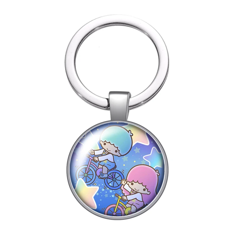 MINISO Little Twin Stars Cute Cartoon Photo cabochon key chain Ring Holder Charms silver color pendant for Kid