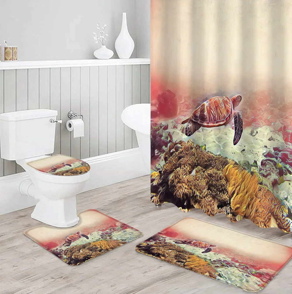 

Набор занавесок для душа, коралловый риф морской черепахи, крышка для унитаза, коврик для ванной комнаты, бытовой