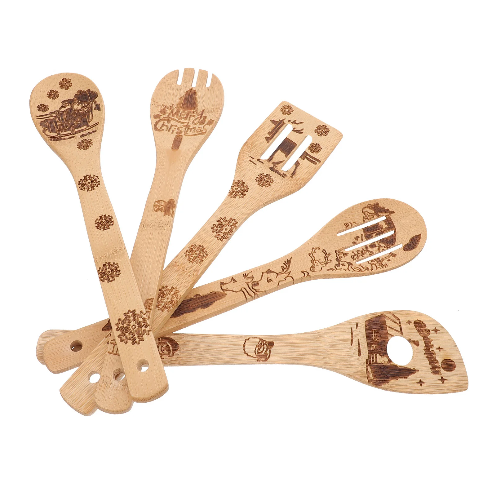 

5 Christmas Spoons for Cooking& Serving Set Kitchen Utensil Sets, Snowman Pattern Burned Slotted Spoons& Spatulas