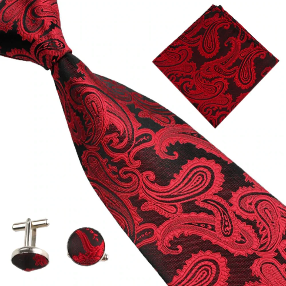 

Mens Ties Set Business Wedding Necktie for Men 10cm/4" Wide Paisley Hanky Cufflinks Black Red Purple Blue Brown Pink Suit Tie