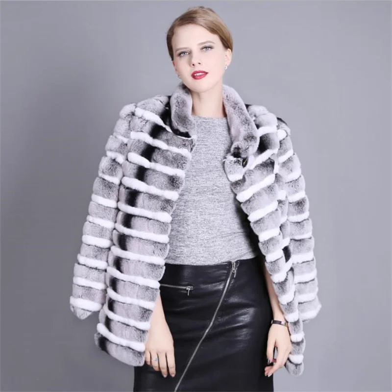 Length 70CM Natural Chinchilla Rex Rabbit Fur Coat Jacket Women's Winter Warm Stand Collar Striped Outerwear