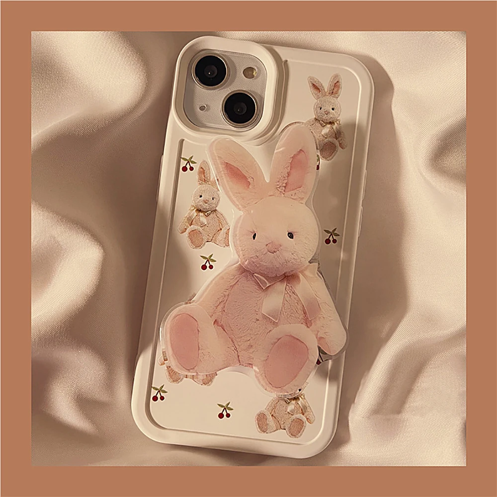 

3D Cute Rabbit Cartoon Holder Stand Shockproof Phone Case For iPhone 11 12 13 Pro Max X XR XS Max Lovely Soft Back Cover Case