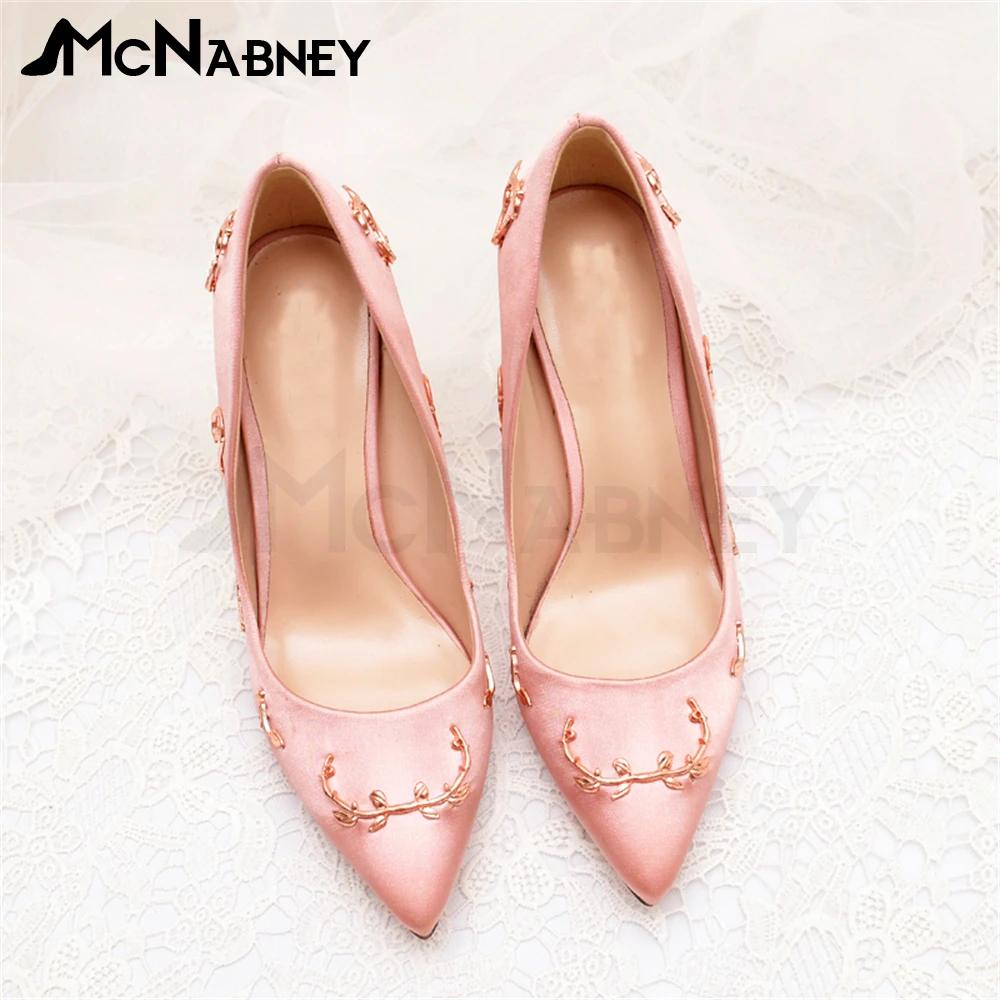 Bridal High Heels Satin Genuine Leather High Heels Luxurious Style Metal Wrapped Heels Novelty Designs Women Pumps Party Shoes