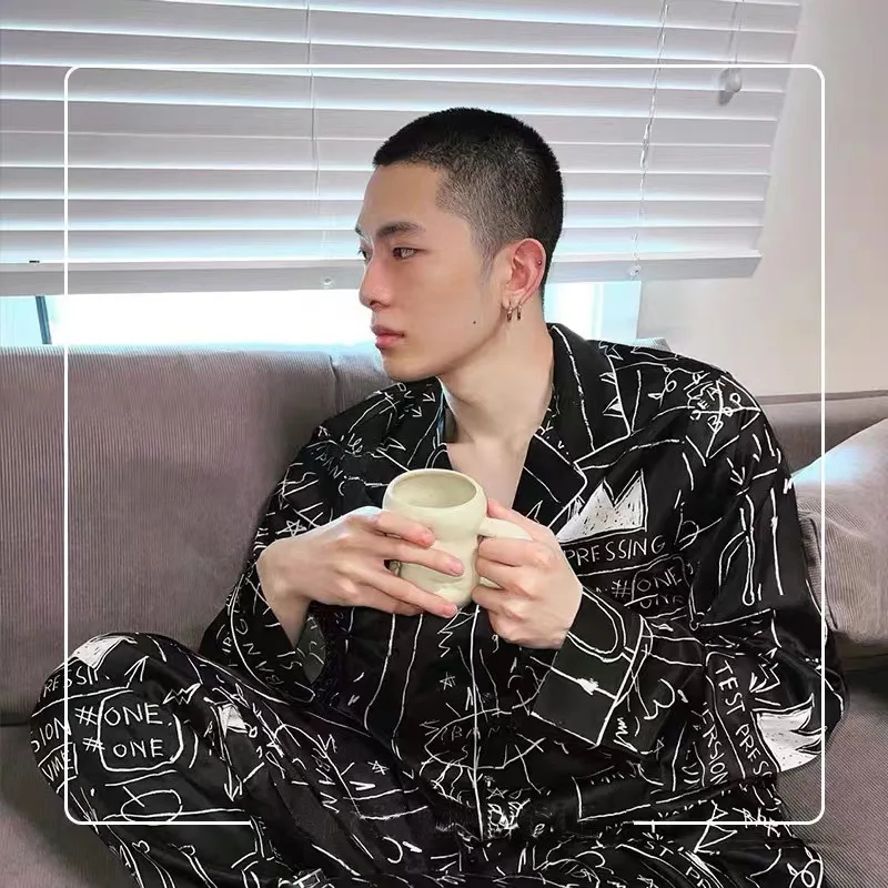 Couple pajamas Spring and Autumn Long sleeved Premium Ice Silk Pajamas 2023 New Women's and Men's Home Fur Set