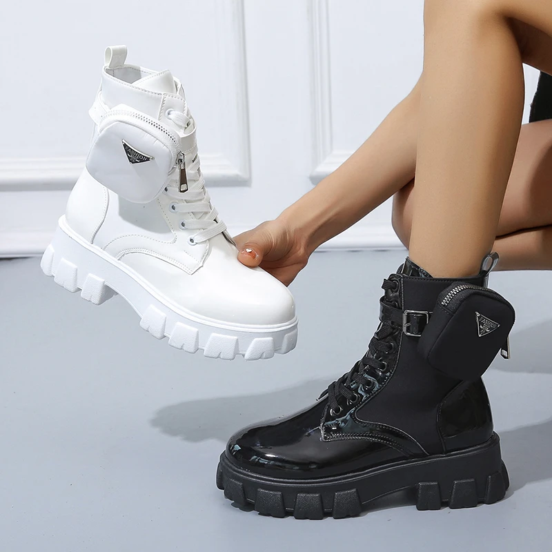 

New Botas Women Motorcycle Ankle Boots Wedges Female Lace Up Platforms Booties Black Leather Oxford Shoes Women Botas Mujer Bag