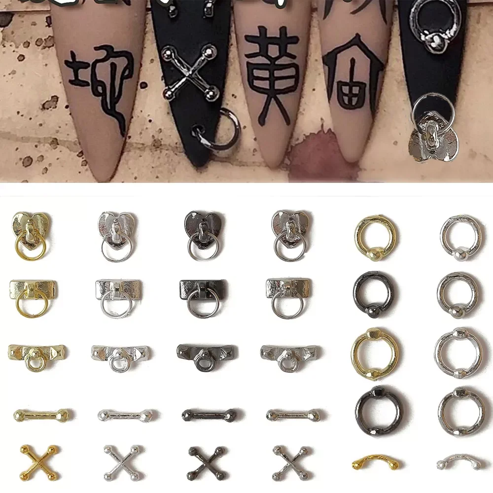 20pcs/bag Punk Cross Nail Art Charm 3D Retro Silver Gothic Design Hollow Iron Ring Nail Decor Luxury Pierced Nail Accessories