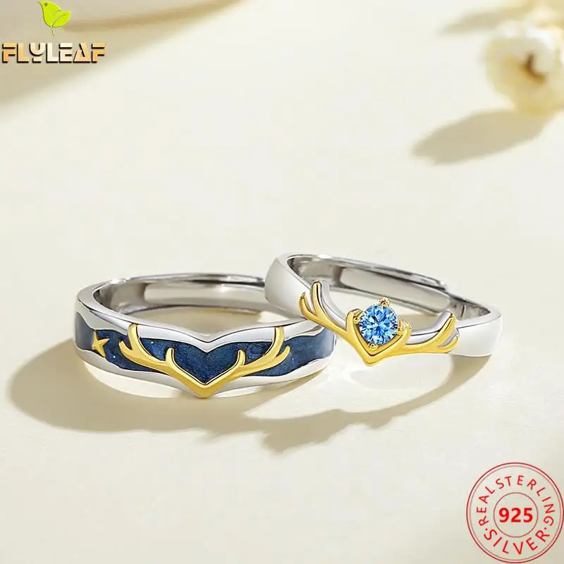 

Real 925 Sterling Silver Blue Enamel Antlers Open Couple Ring For Women Men Platinum Plating High Quality Lovers Jewelry 2022