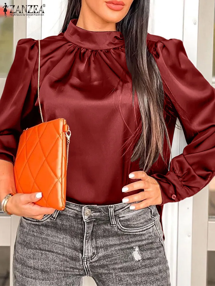 

Элегантные офисные рубашки ZANZEA, Женская Повседневная блузка большого размера, праздничная туника, женская модная атласная блузка, Осенние ...