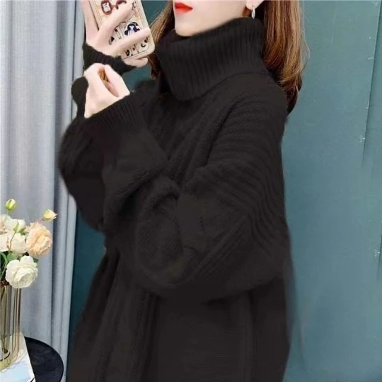 

Black Women Girl Lady Pullover Girl Knit Woman Sweaters High Neck Tops Loose Women's Sweater Winter Clothes Warm Coat Suéter