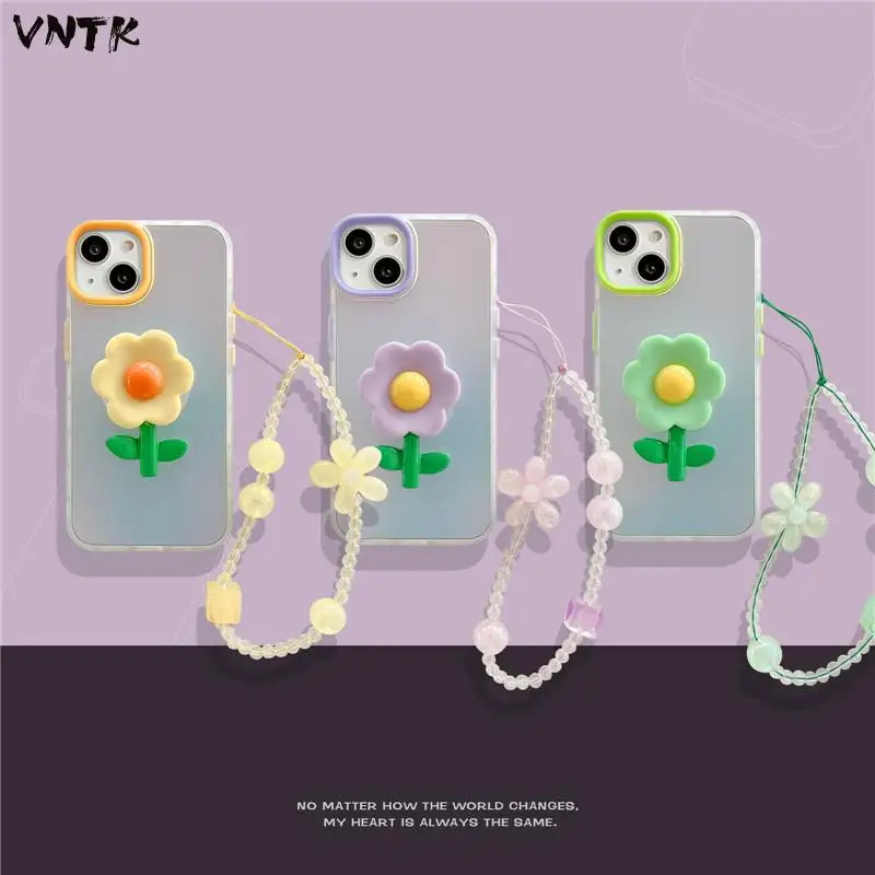 

Cute Flower Folding Stand Glitter Bead Lanyard Girl Soft Case For Iphone 11 12 13 Pro Max 7 Plus Xr X Xs Anti-drop Cover Fundas