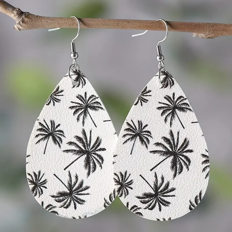 

1Pair Bohemian Fashion Style PU Leather Droplet Earrings Coconut Tree Print Men's and Women's Daily Wear Ear Jewelry Creative Pe