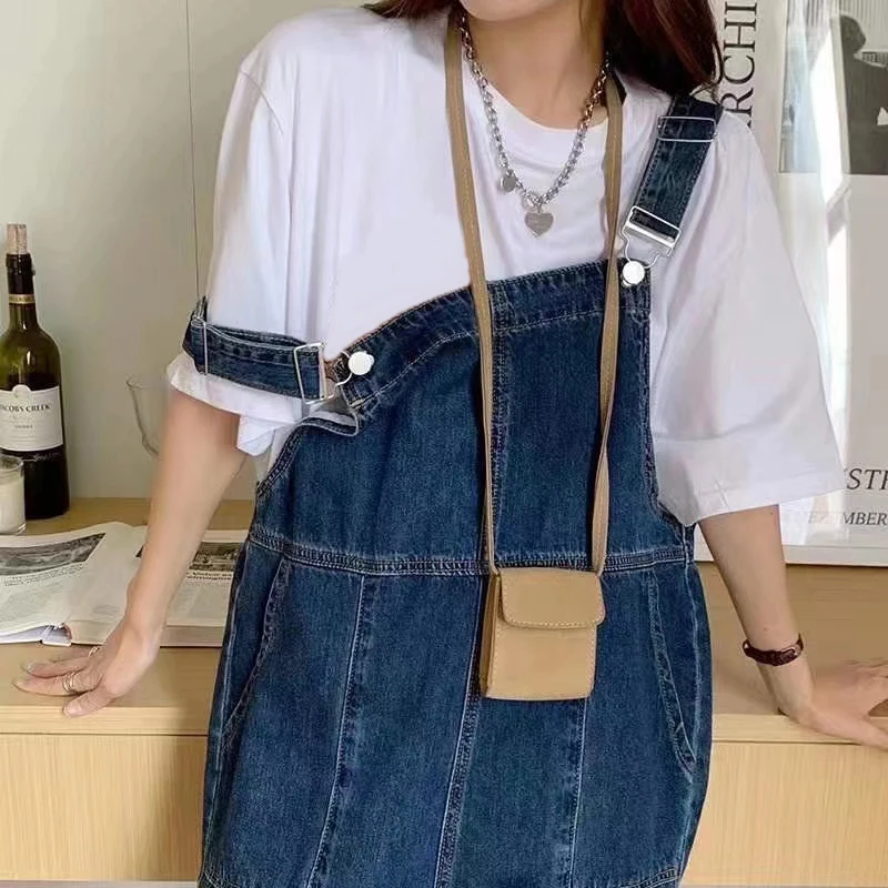 Женский джинсовый комбинезон на бретельках Синий Свободный в корейском уличном