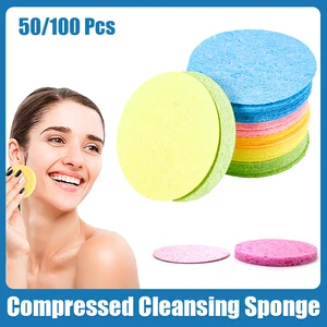 Imported 50/100PC Natural Wood Pulp Sponge Cellulose Compress Cosmetic Puff Facial Washing Sponge Face Care C