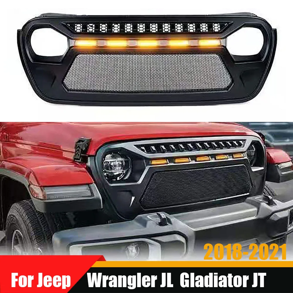 

For Jeep Wrangler JL Gladiator JT 2018-2021 Offroad Style Accessories Metal Mesh Grille With 5 Led Lights Front Bumper Grills