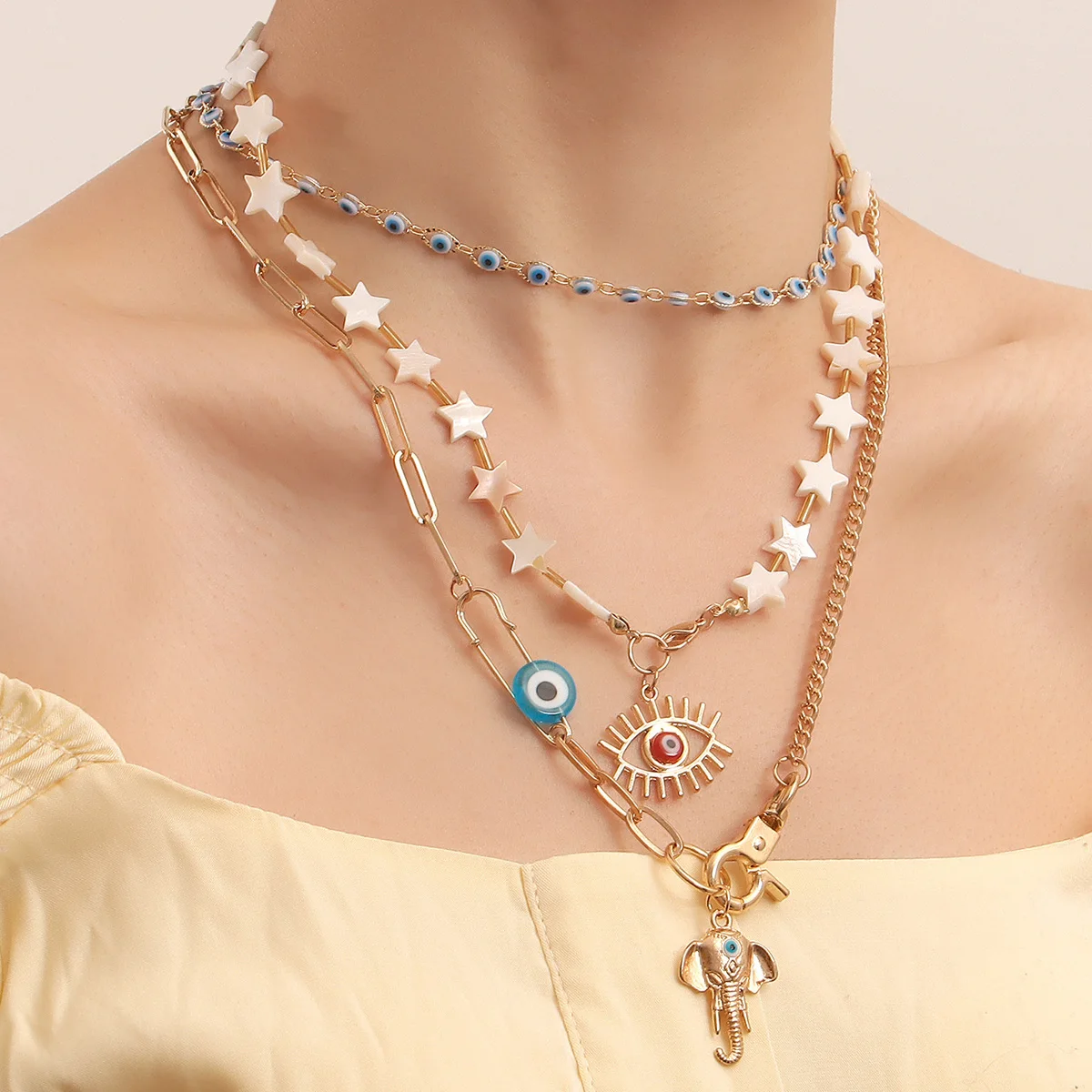 

Bohemian Multilayer Chain Necklace For Femme Women Newest Fashion Statement Shell Eye Metal Pendant Jewelry Gift Accessories