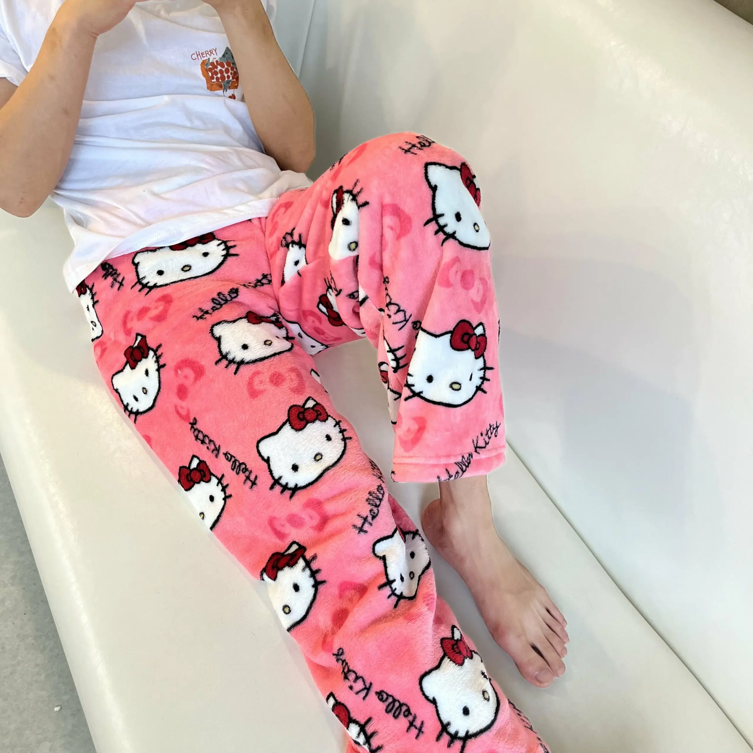 

Hello Kitty Pajamas Pants Cartoon Sanrio Flannel Pajamas Women's Warm Woolen Cartoon Casual Home Pants Autumn Winter Trousers