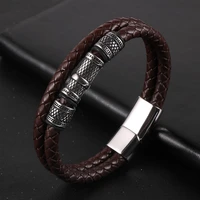 fashion double wrap braided genuine leather bracelet for men blackbrown stainless steel charms magnetic bangles vintage jewelry